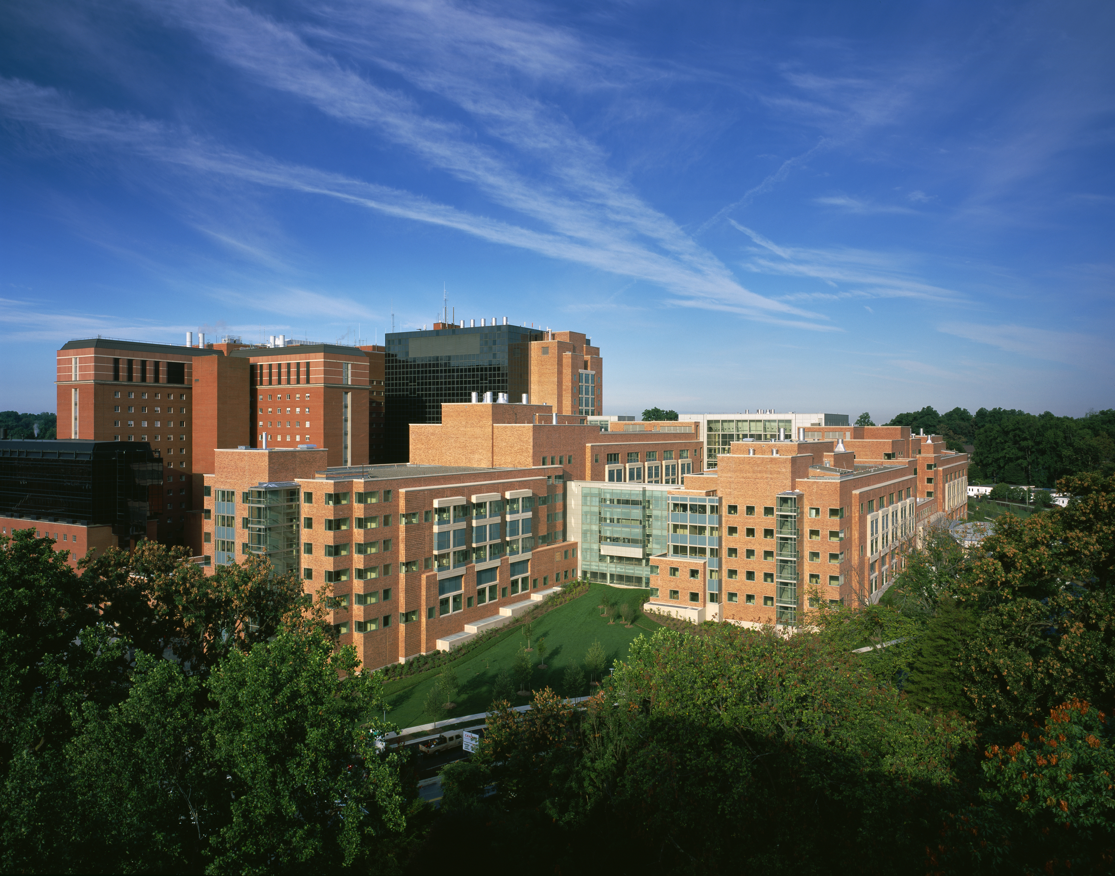 Aerial view of the National Institutes of Health Clinical Center (Building 10) in Bethesda, Maryland.